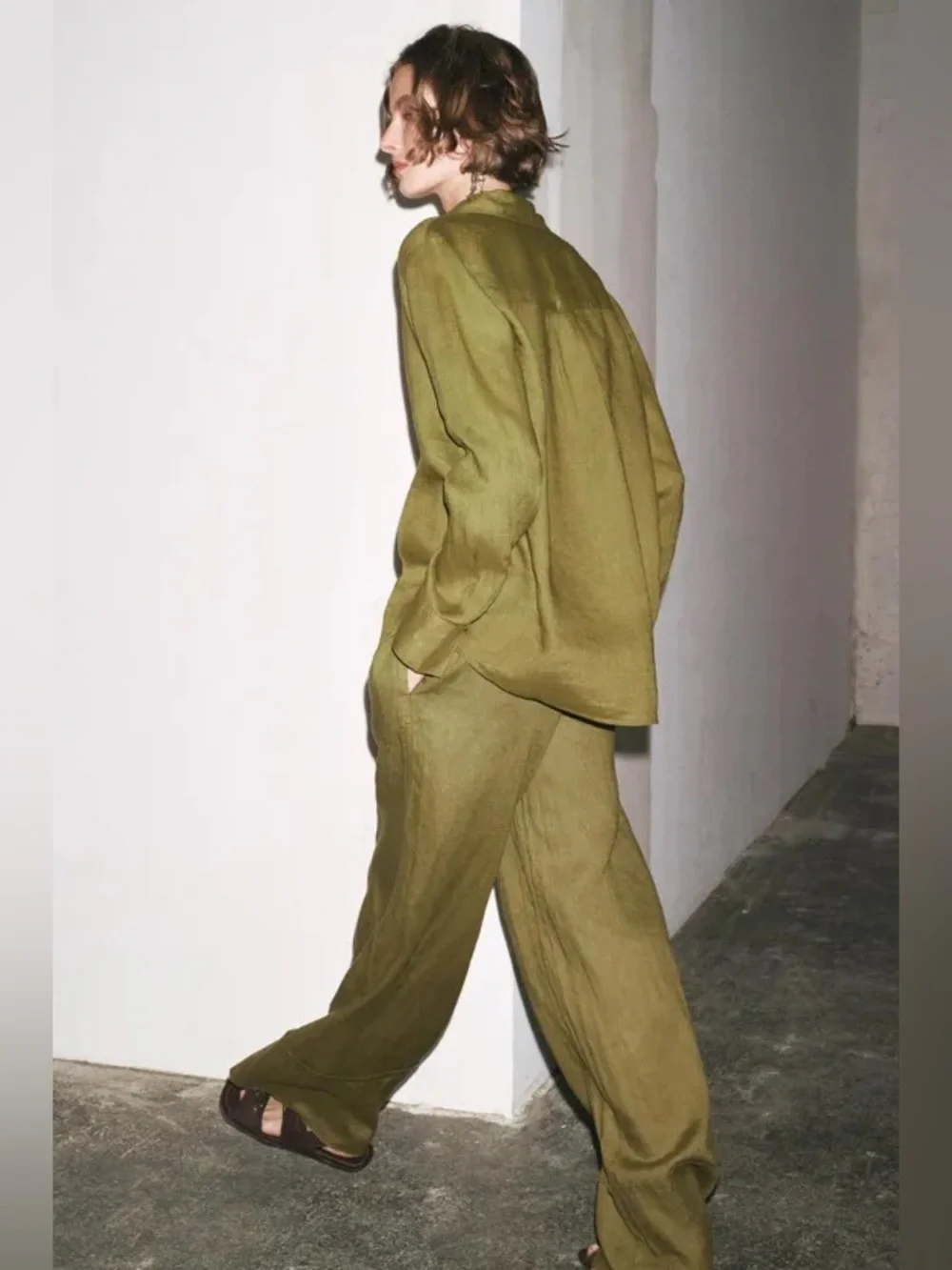 Zara 100% Linen  Button-Up Top and Wide Leg Pants Set